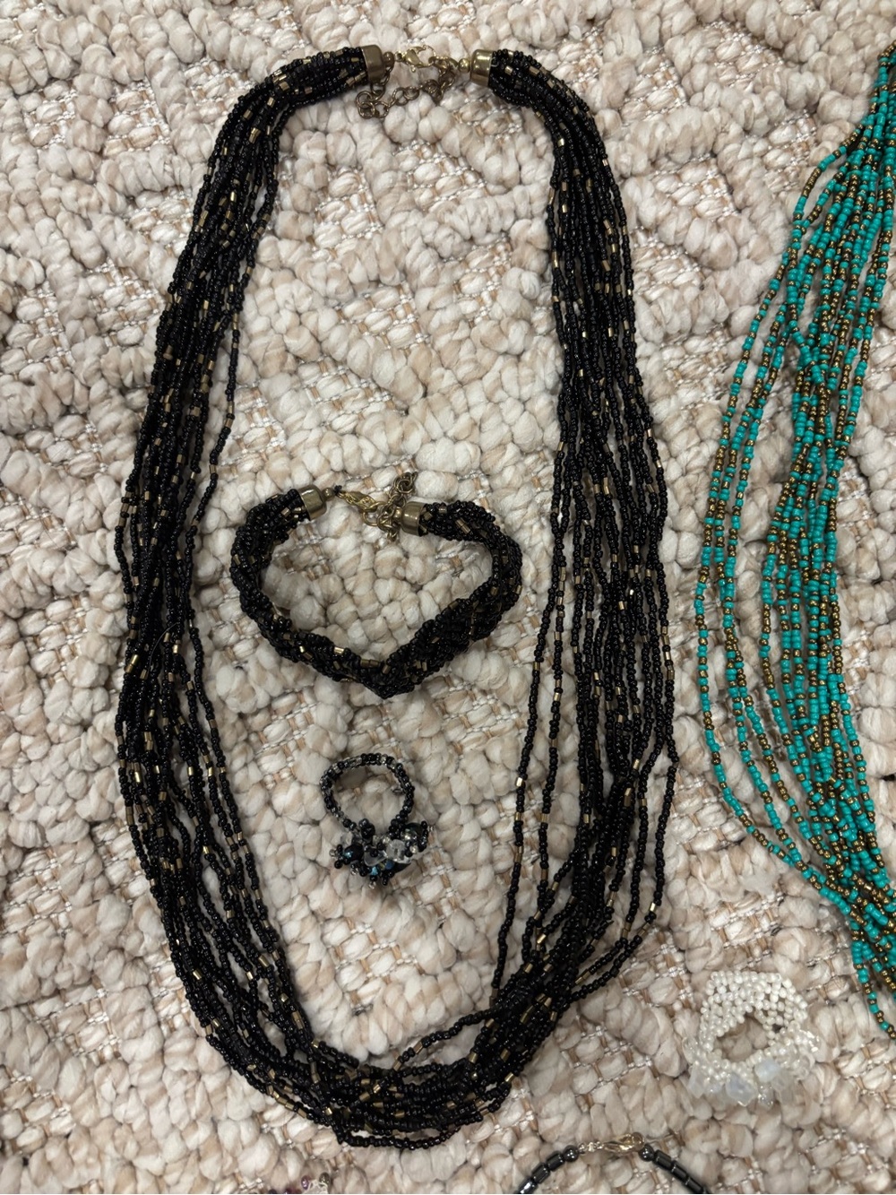 Multi-Strand Black and Teal Beaded Necklace Sets with Matching Bracelet Lot - Picture 2 of 4